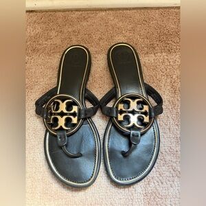 Tory Burch Black Leather Sandals with Gold Logo